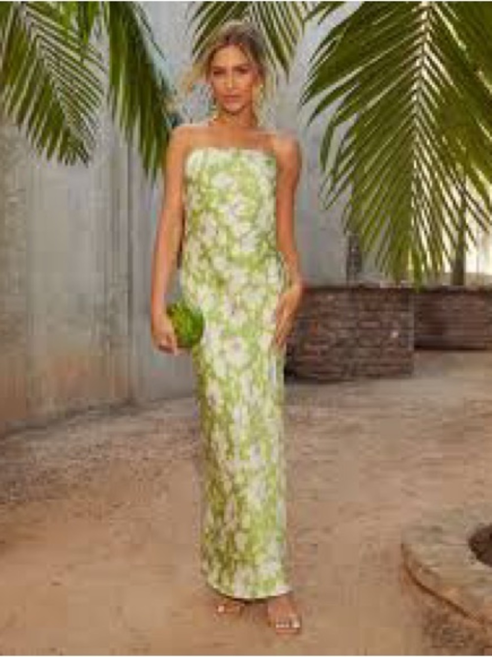 Vici Strapless Floral Maxi Dress in Lime Green and White